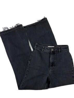 Free People Black Wide-Leg Frayed Hem Jeans